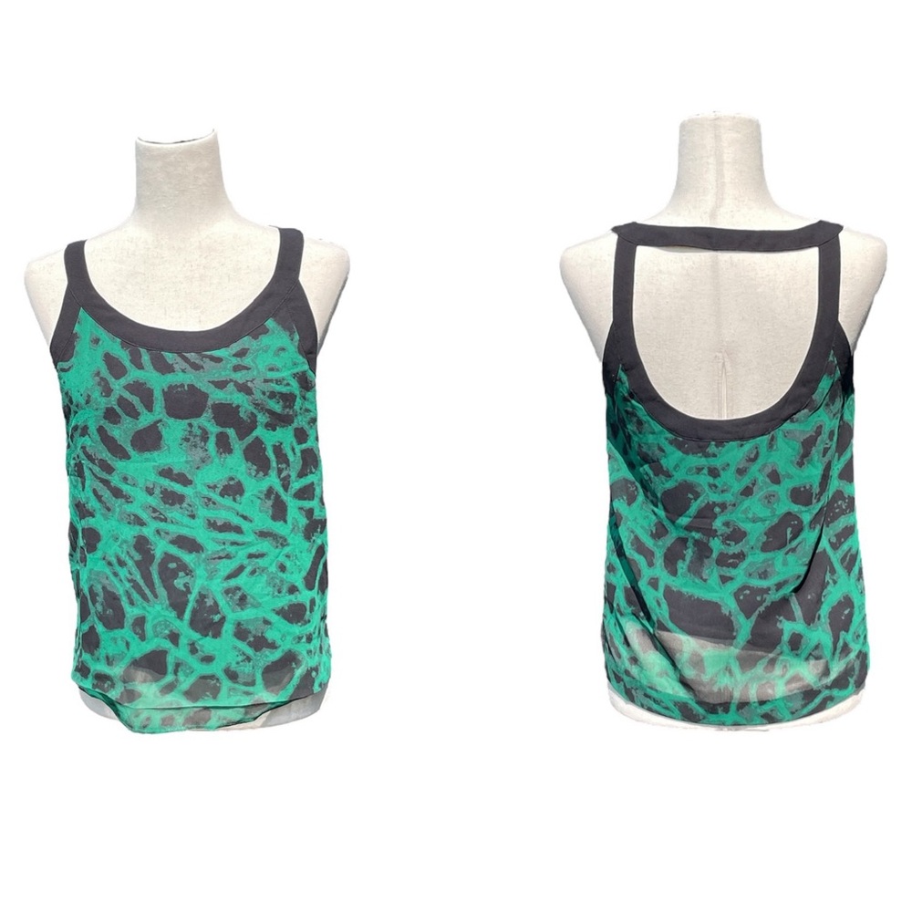 Kenzie open back tank top blouse with Green and Black abstract design XS